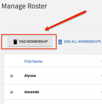 Engage screenshot with an arrow pointing "End Membership"