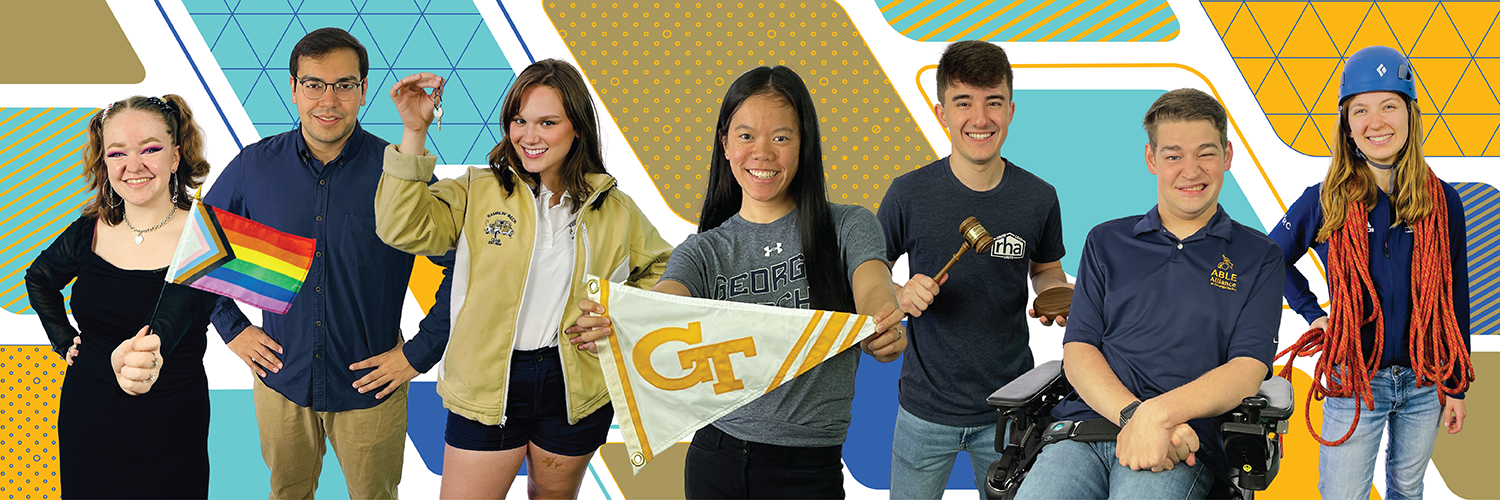 Seven GT students representing different student organizations on a graphic background.