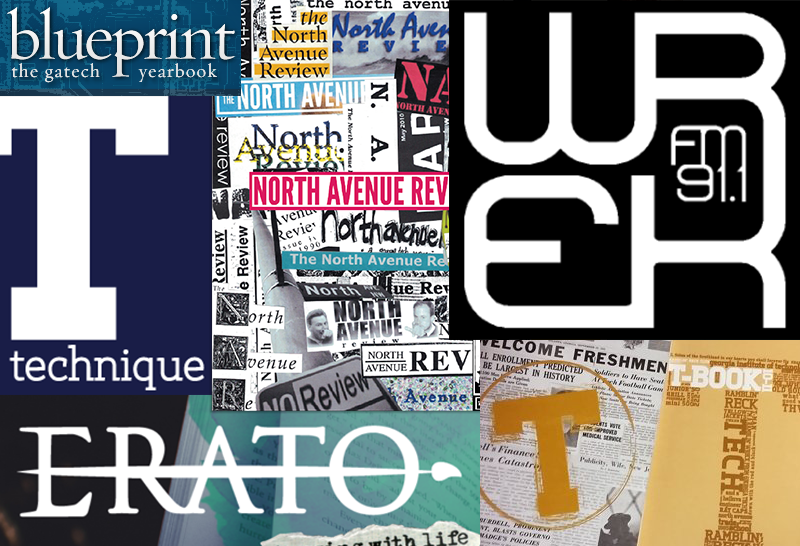 Collage of the names of the different student media projects: Blueprint, Technique, Erato, Wrek FM 91.1, and T-Book..